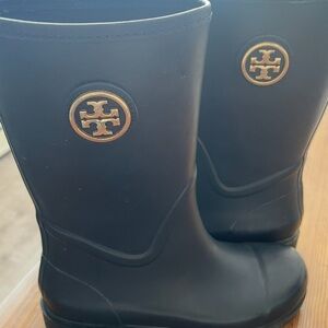 Tory Burch Black Rain Boots with Gold Logo
